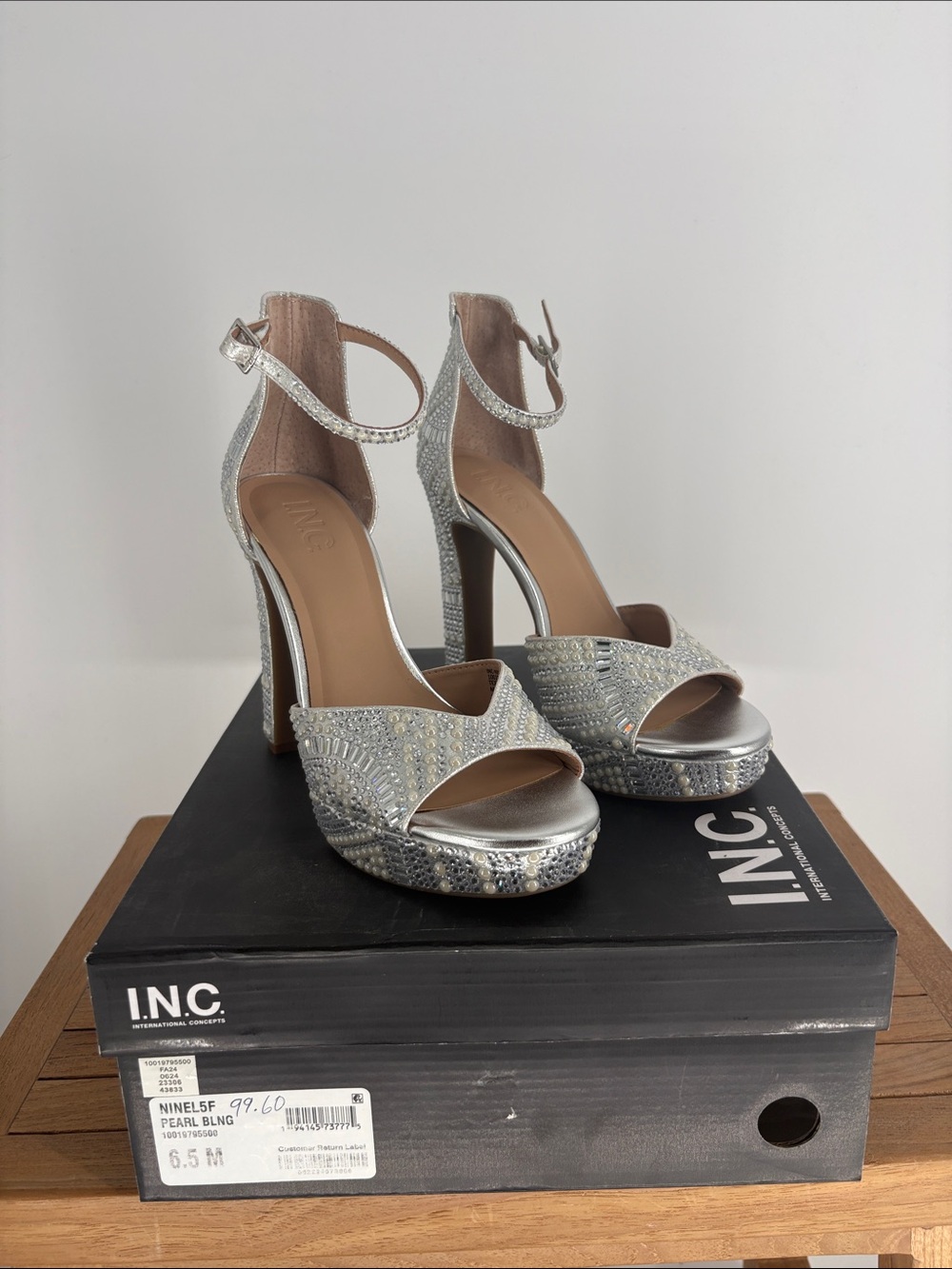 New INC International Concepts Silver PEARL BLNG  Ankle-Strap Platform Heels 6.5
